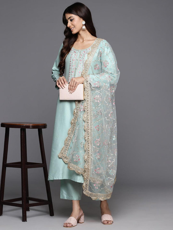 Sea Green Yoke Design Silk Blend Straight Kurta With Trousers & Dupatta - Libas