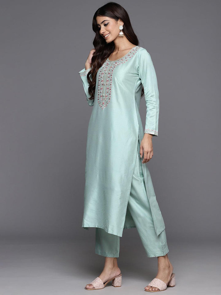 Sea Green Yoke Design Silk Blend Straight Kurta With Trousers & Dupatta - Libas