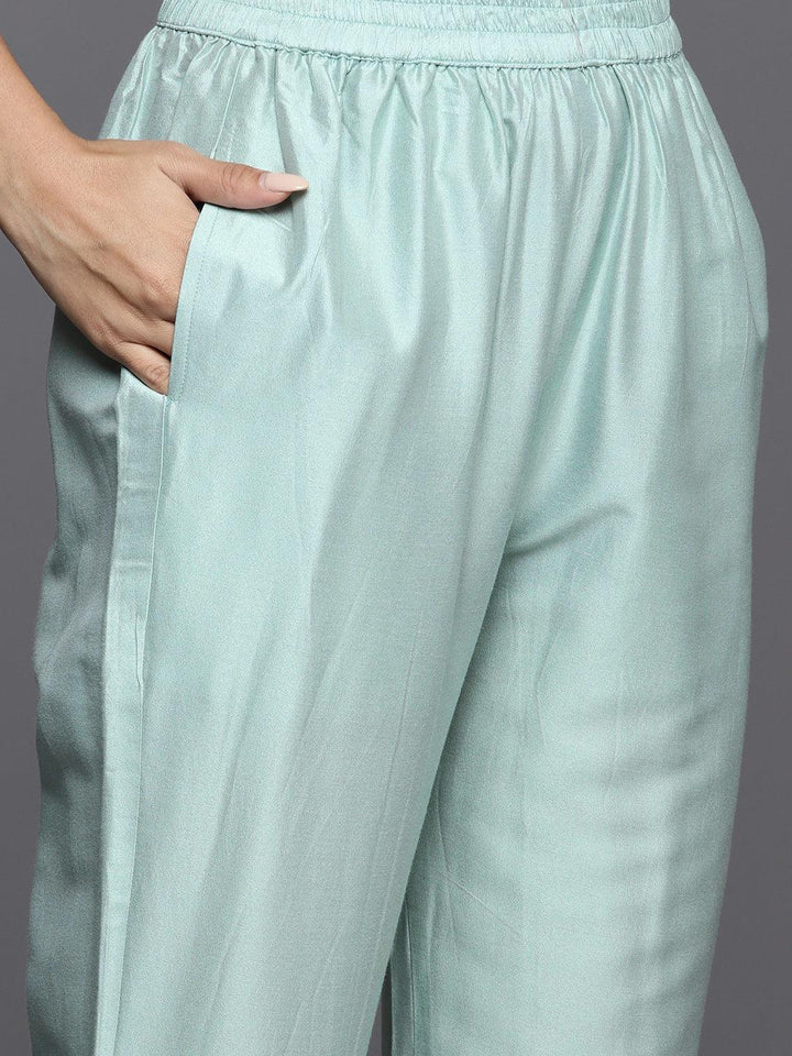 Sea Green Yoke Design Silk Blend Straight Kurta With Trousers & Dupatta - Libas