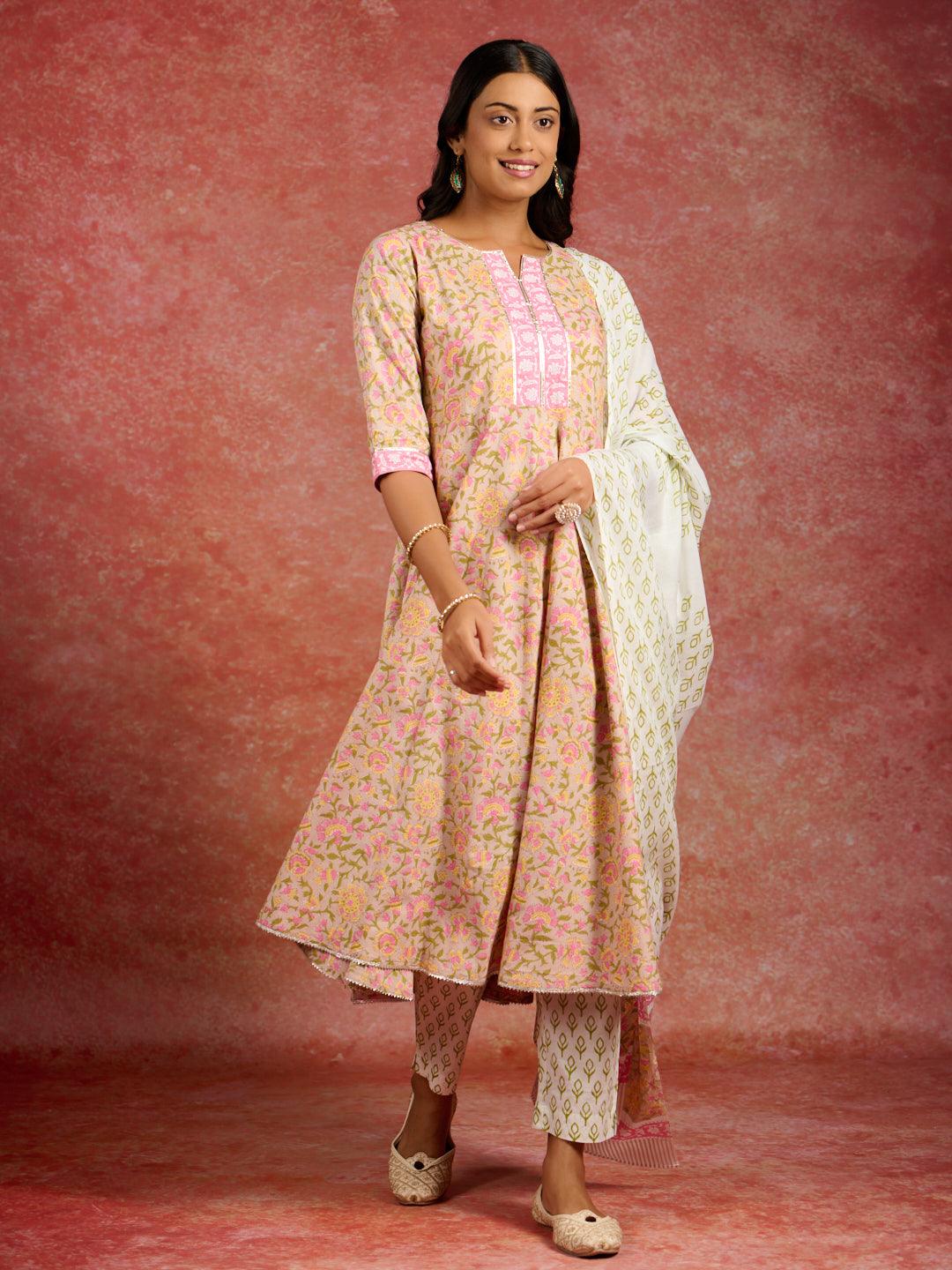 Tan Printed Cotton Anarkali Kurta With Trousers & Dupatta - Libas