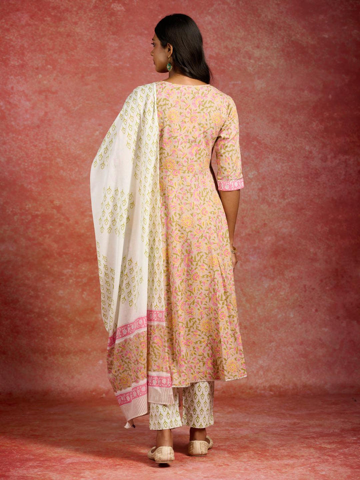 Tan Printed Cotton Anarkali Kurta With Trousers & Dupatta - Libas