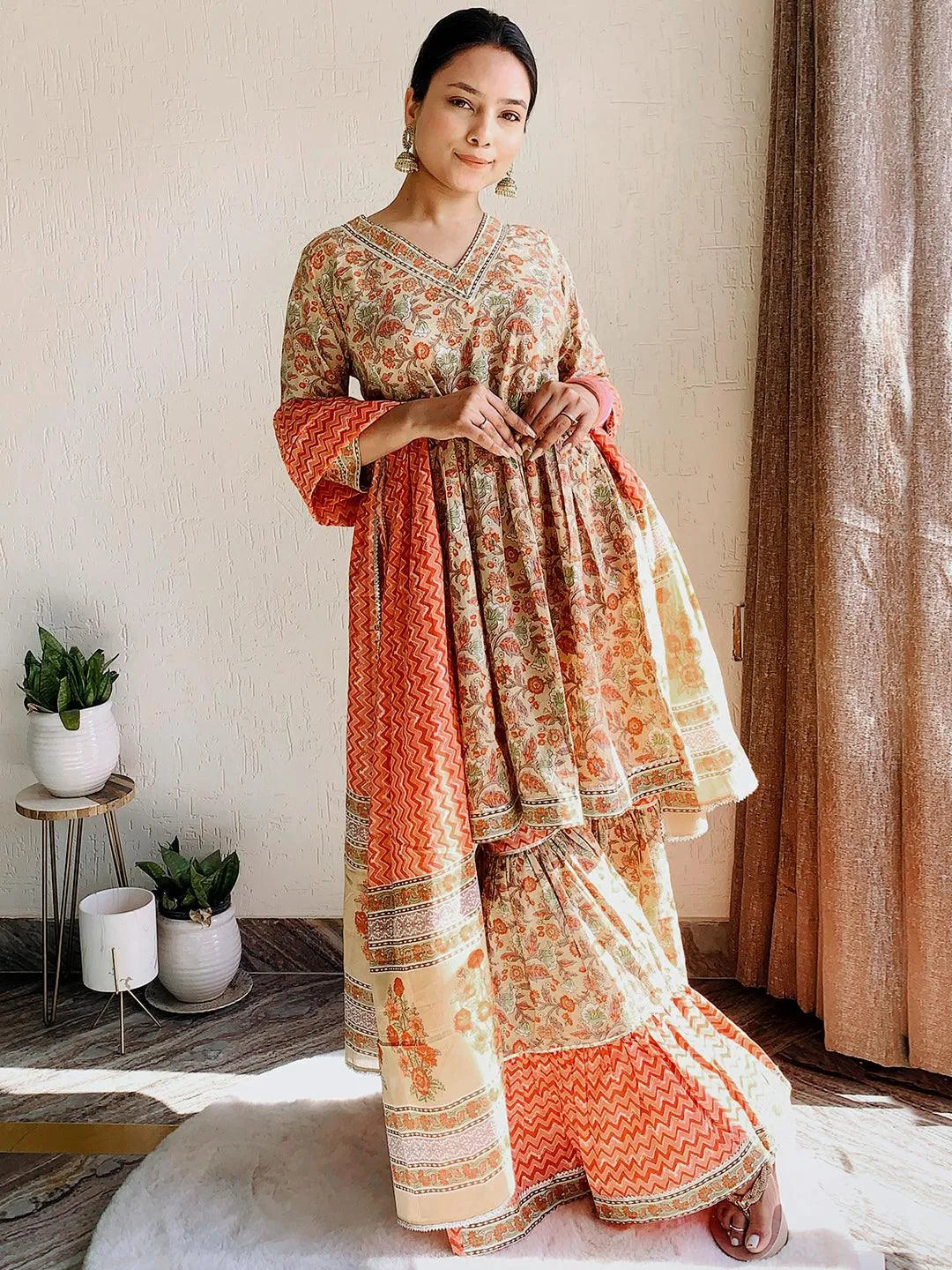 Tan Printed Cotton Anarkali Sharara Suit Set - Libas