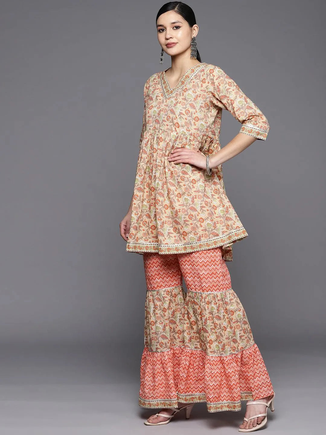 Tan Printed Cotton Anarkali Sharara Suit Set - Libas