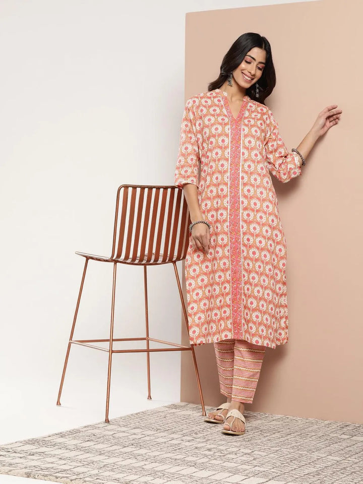 Tan Printed Cotton Straight Kurta - Libas