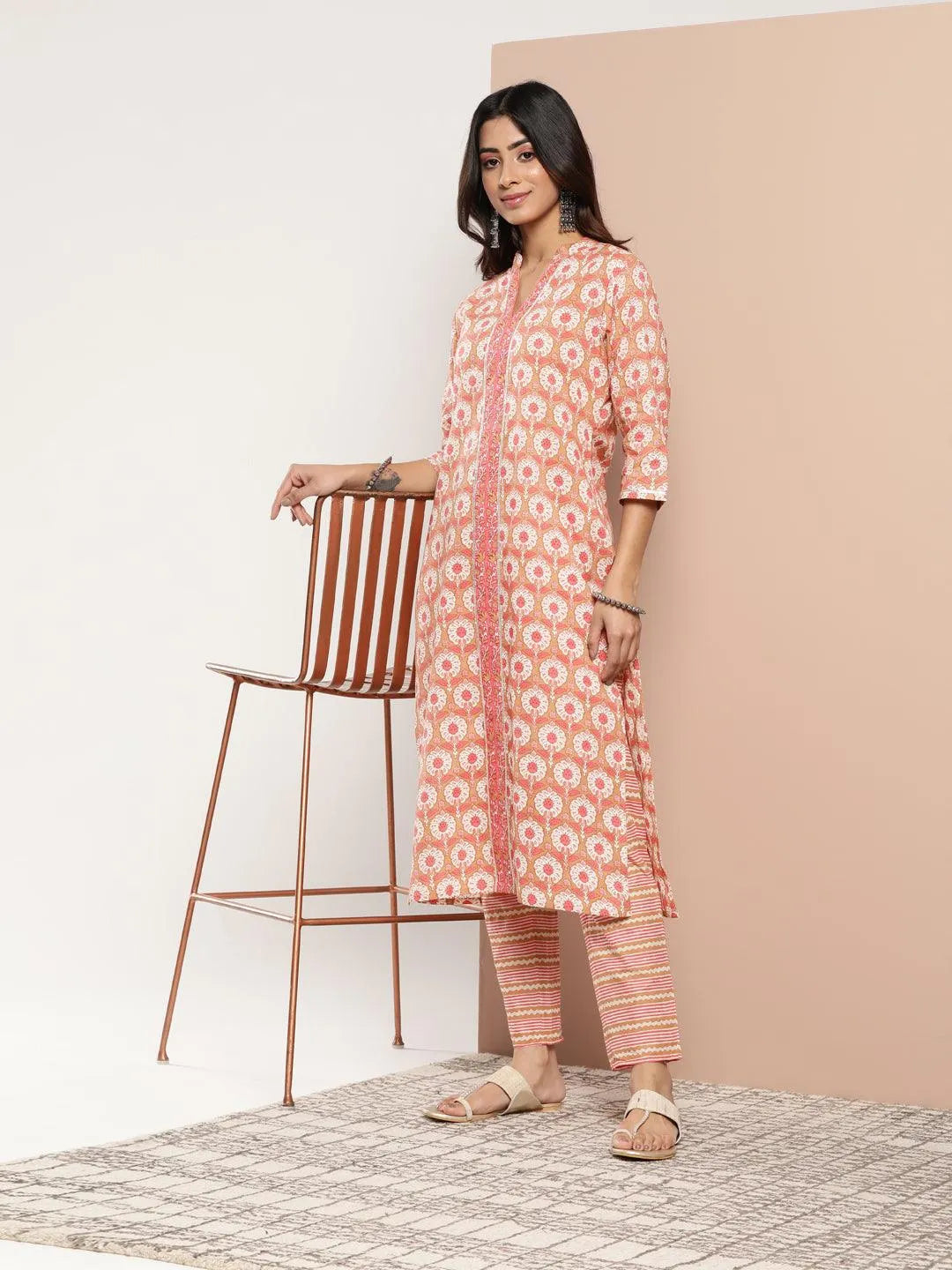 Tan Printed Cotton Straight Kurta - Libas