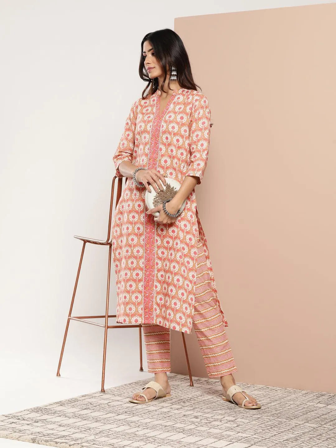 Tan Printed Cotton Straight Kurta - Libas