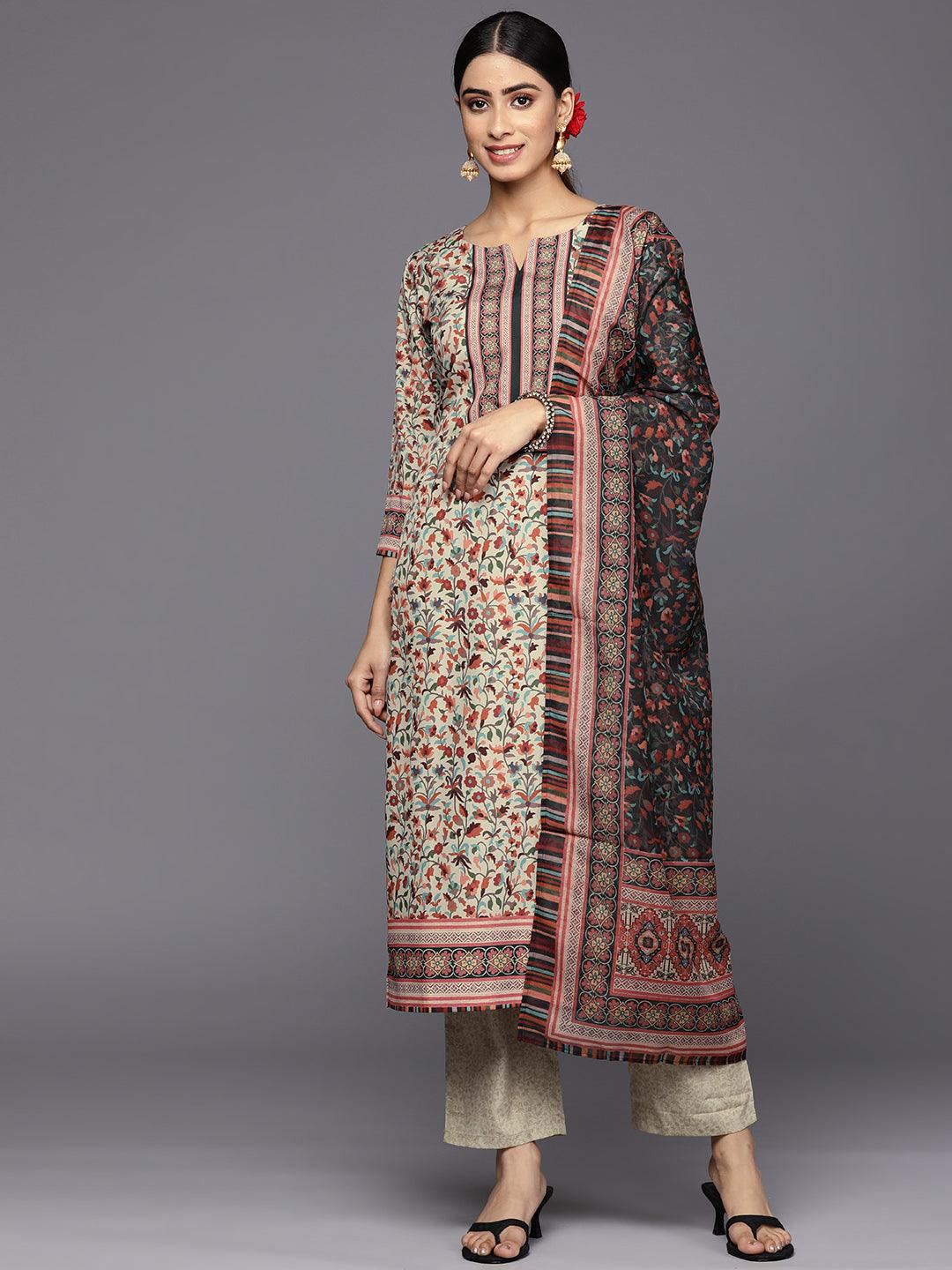 

Tan Printed Crepe Straight Kurta With Trousers & Dupatta