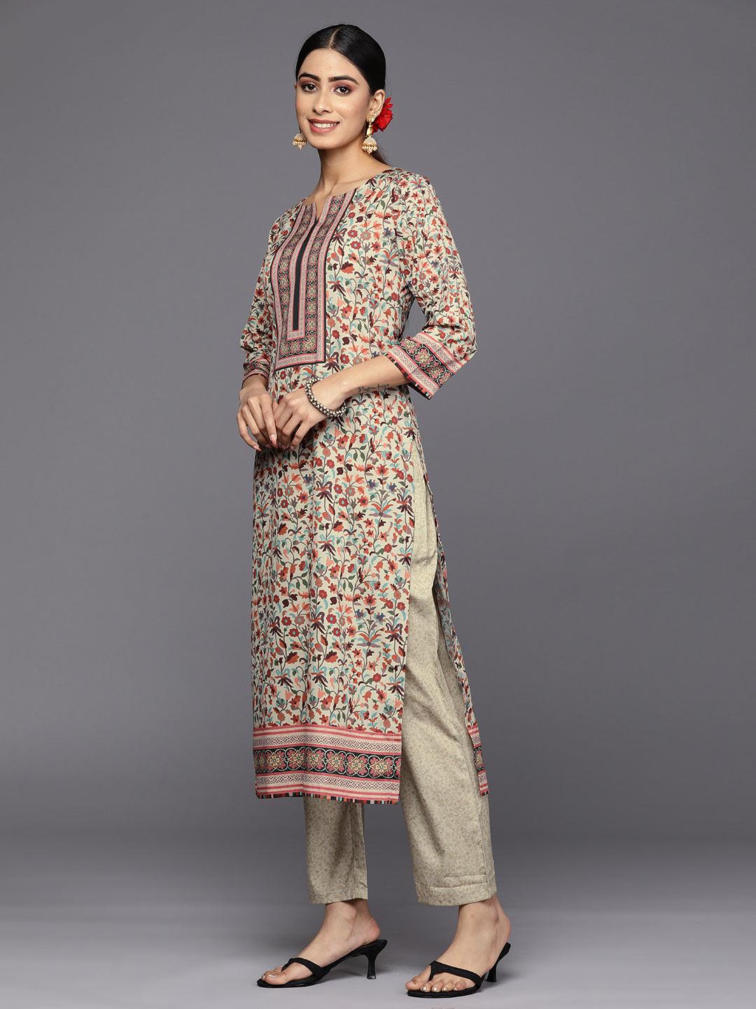 Tan Printed Crepe Straight Suit Set With Trousers - Libas 