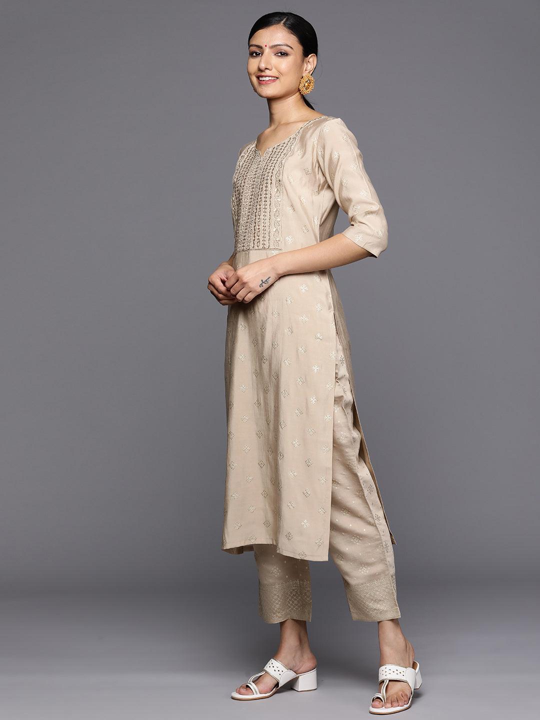 Tan Printed Silk Blend Straight Kurta With Trousers & Dupatta - Libas