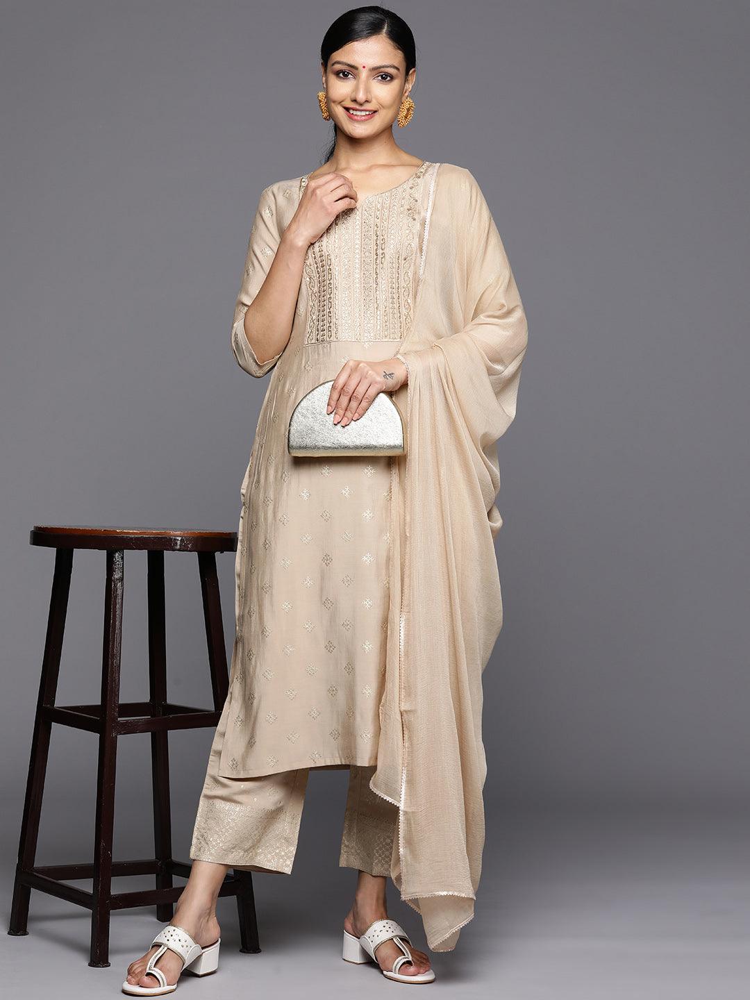 Tan Printed Silk Blend Straight Kurta With Trousers & Dupatta - Libas