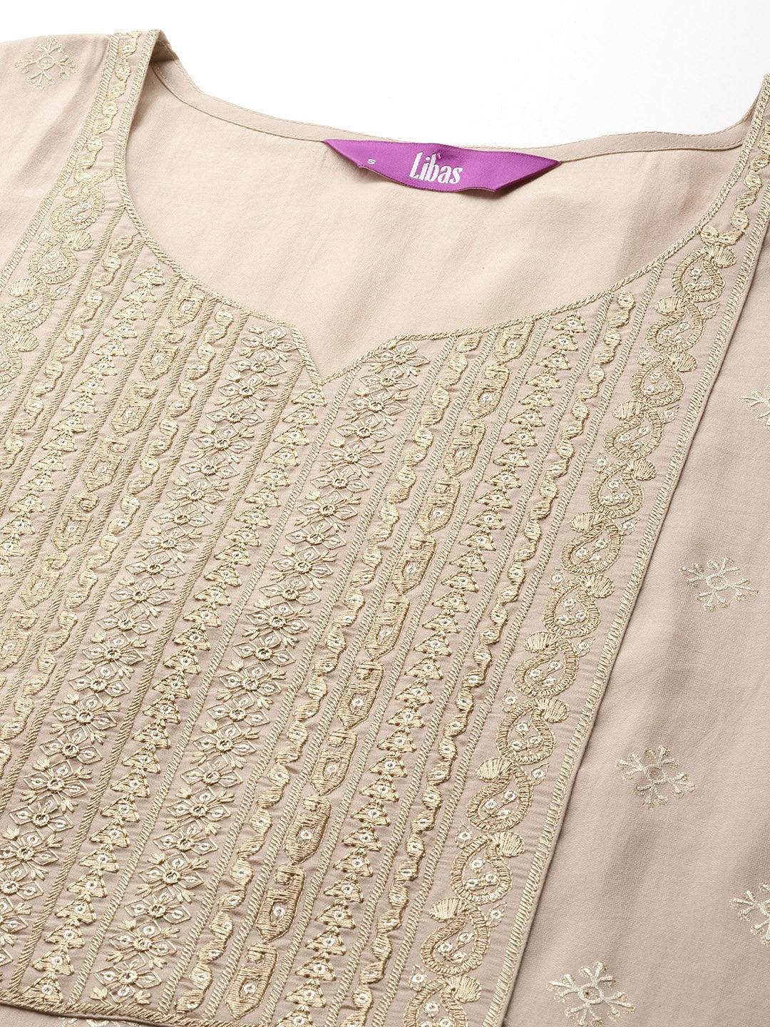 Tan Printed Silk Blend Straight Kurta With Trousers & Dupatta - Libas