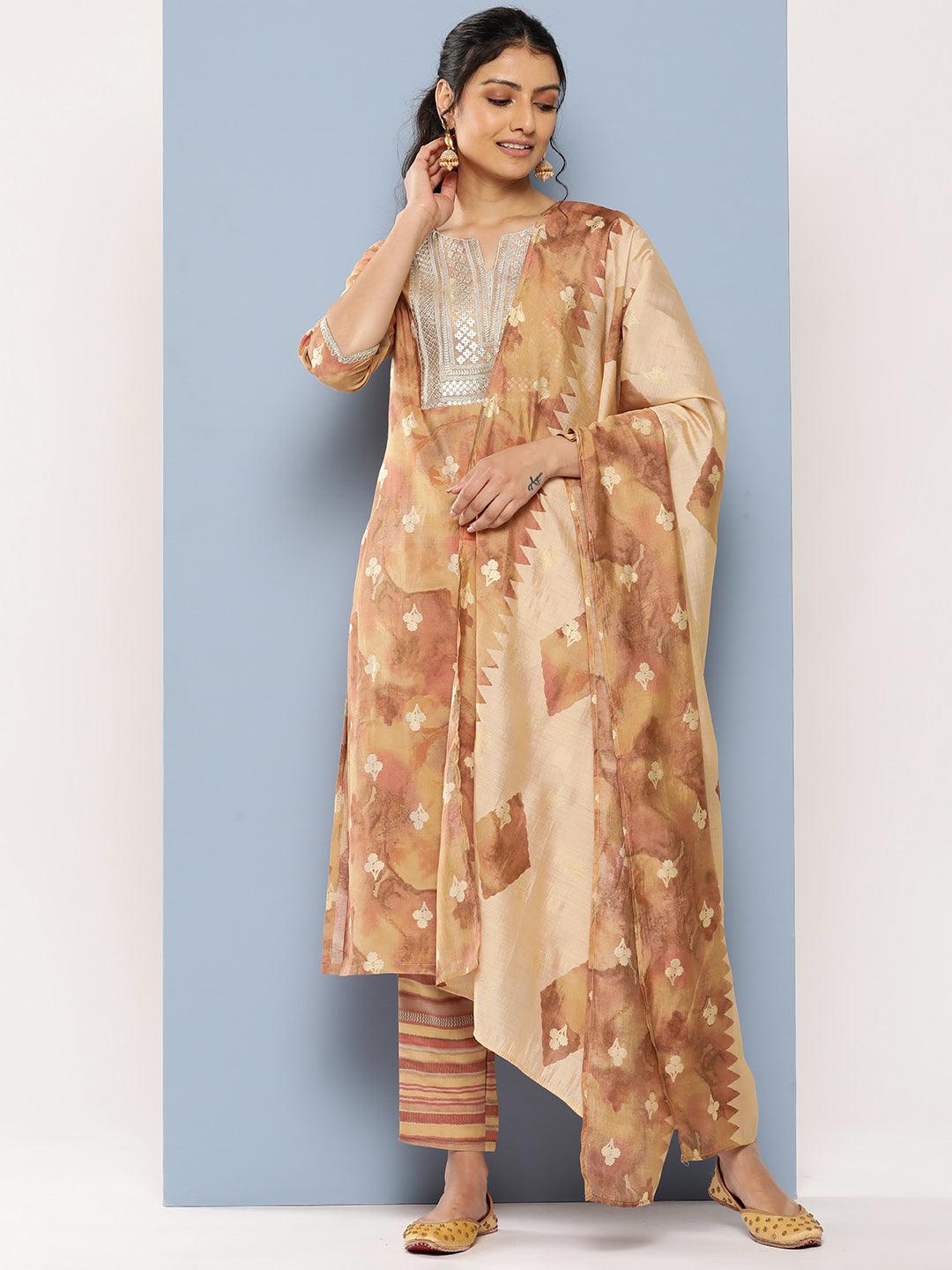 

Tan Yoke Design Silk Blend Straight Kurta With Trousers & Dupatta