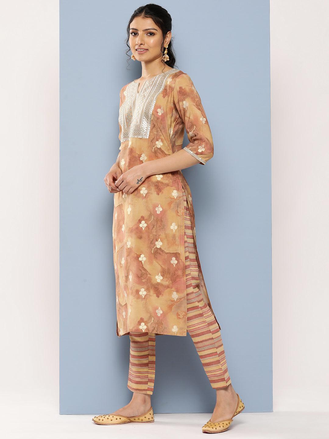 Tan Yoke Design Silk Blend Straight Suit Set With Trousers - Libas 