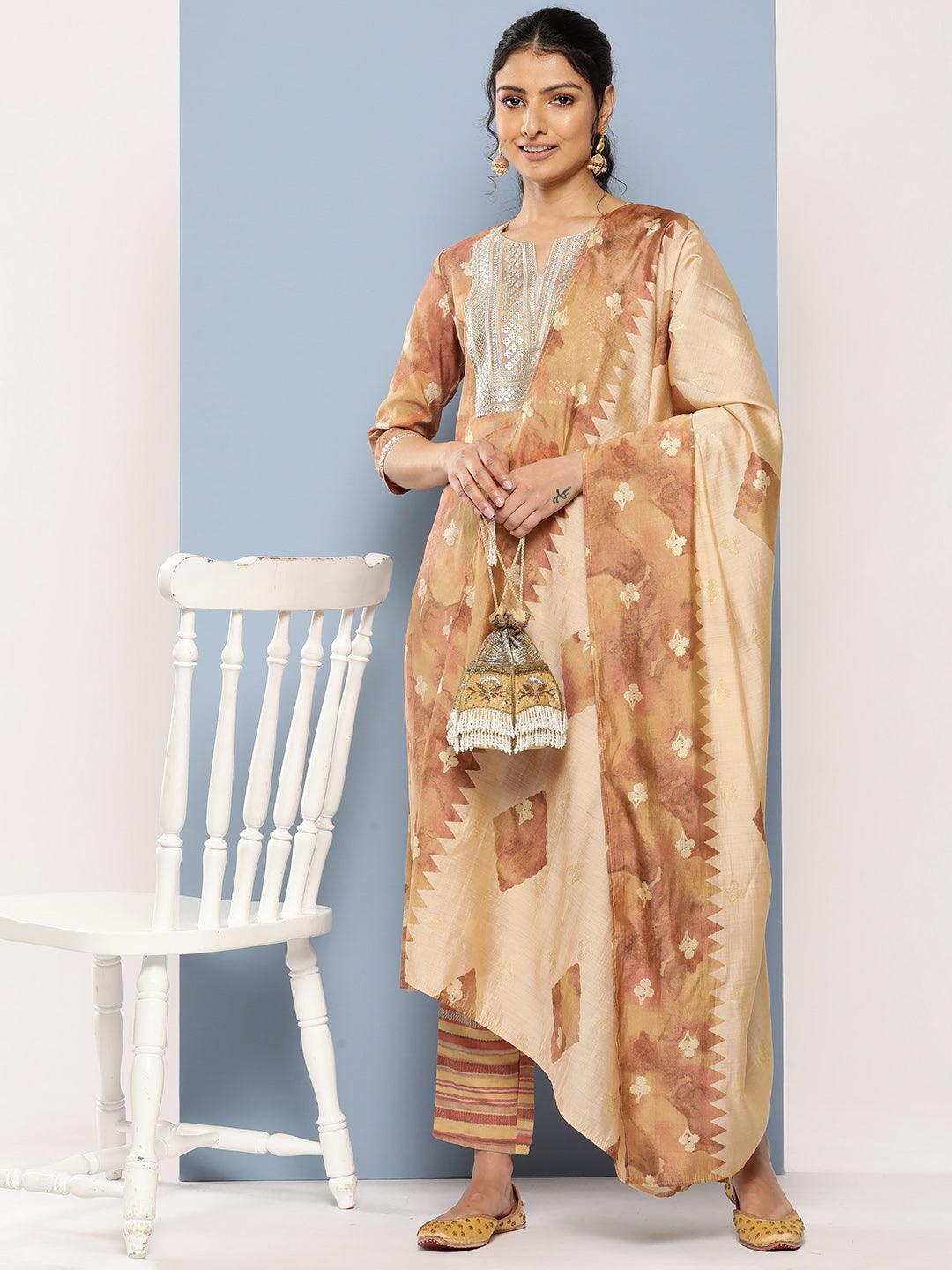 Tan Yoke Design Silk Blend Straight Suit Set With Trousers - Libas 