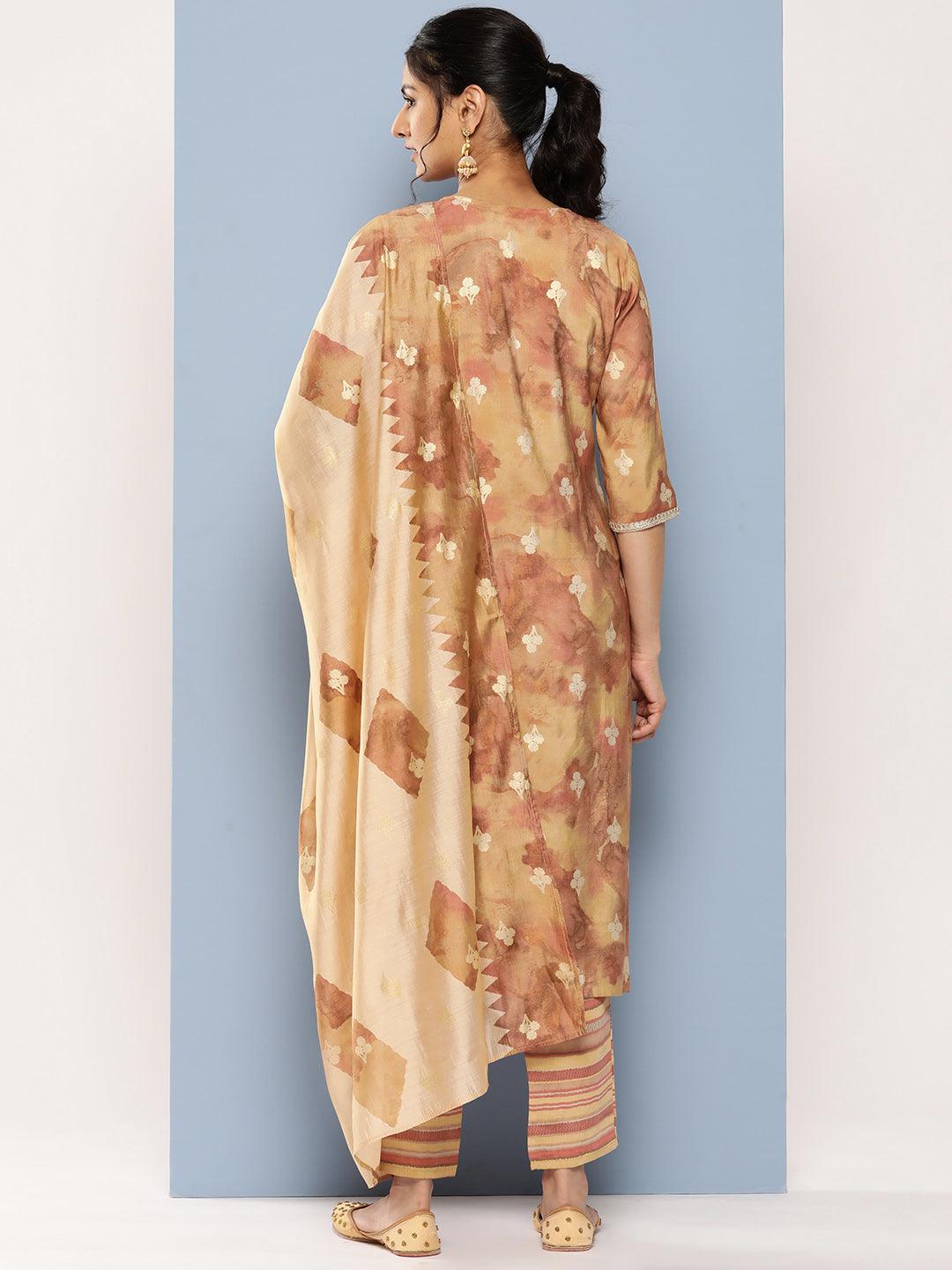 Tan Yoke Design Silk Blend Straight Suit Set With Trousers - Libas 