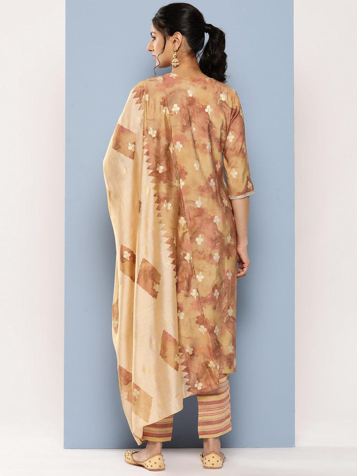 Tan Yoke Design Silk Blend Straight Suit Set With Trousers - Libas