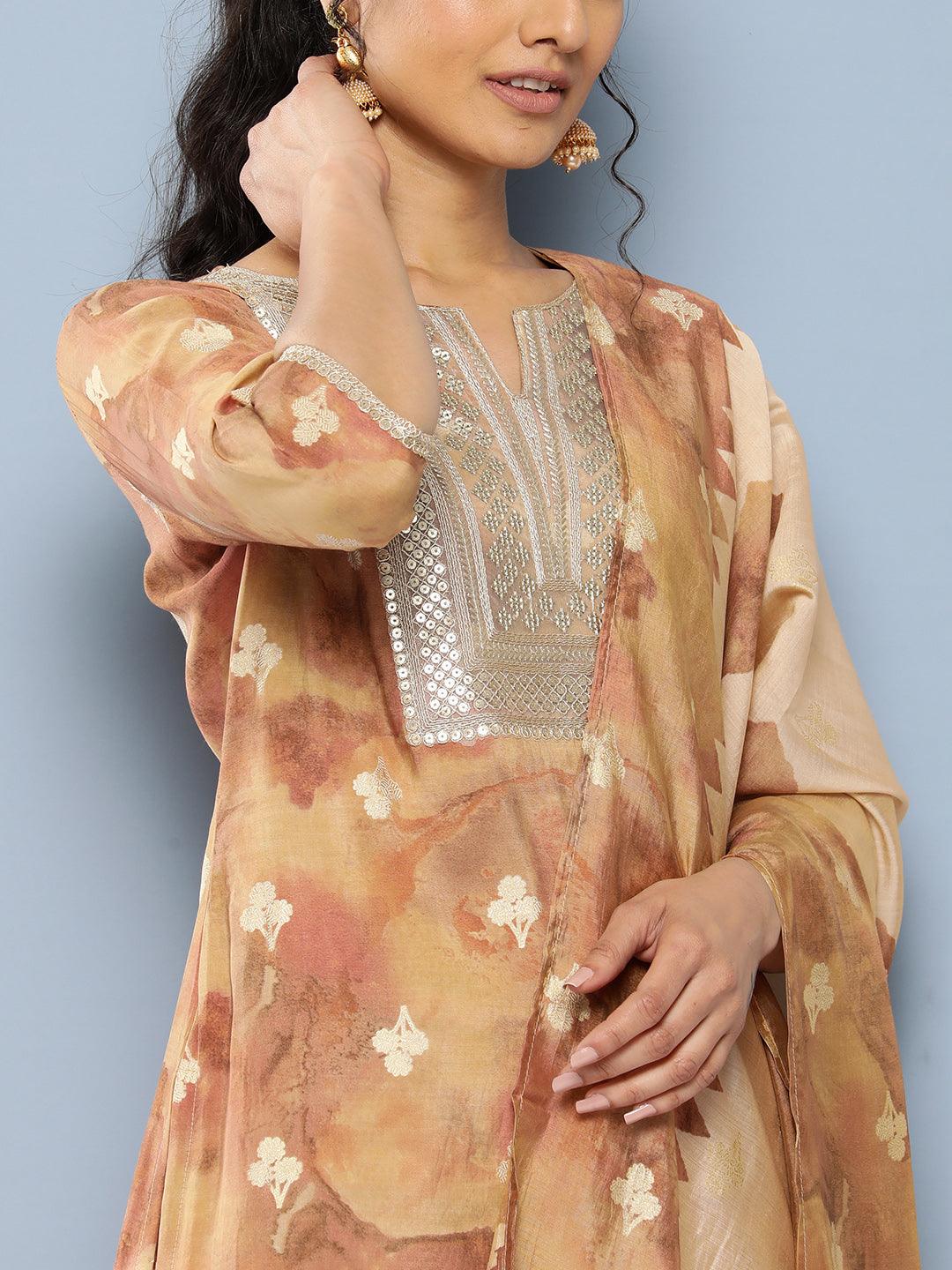 Tan Yoke Design Silk Blend Straight Suit Set With Trousers - Libas 