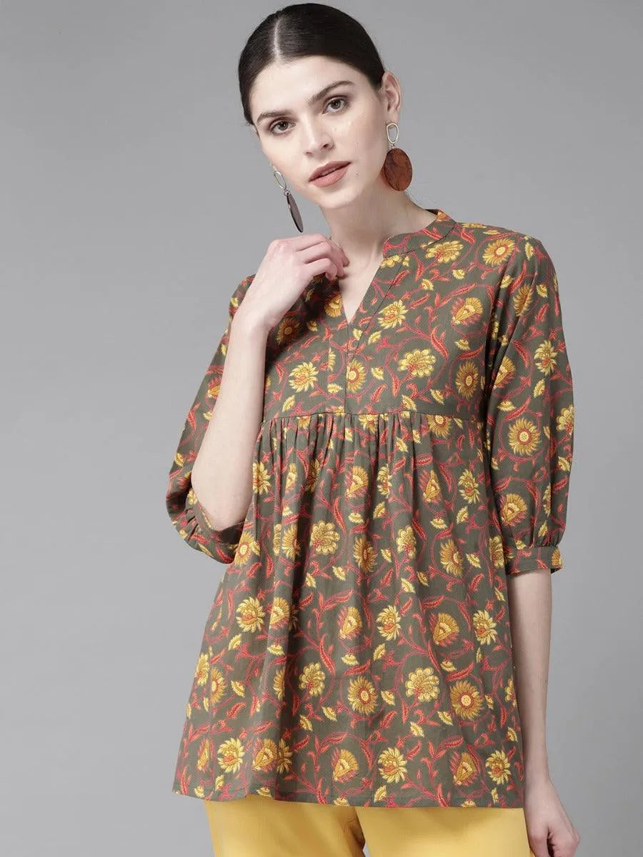 Taupe Printed Cotton Kurti - Libas