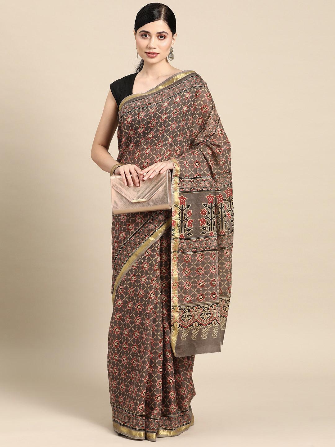 Taupe Printed Cotton Saree - Libas