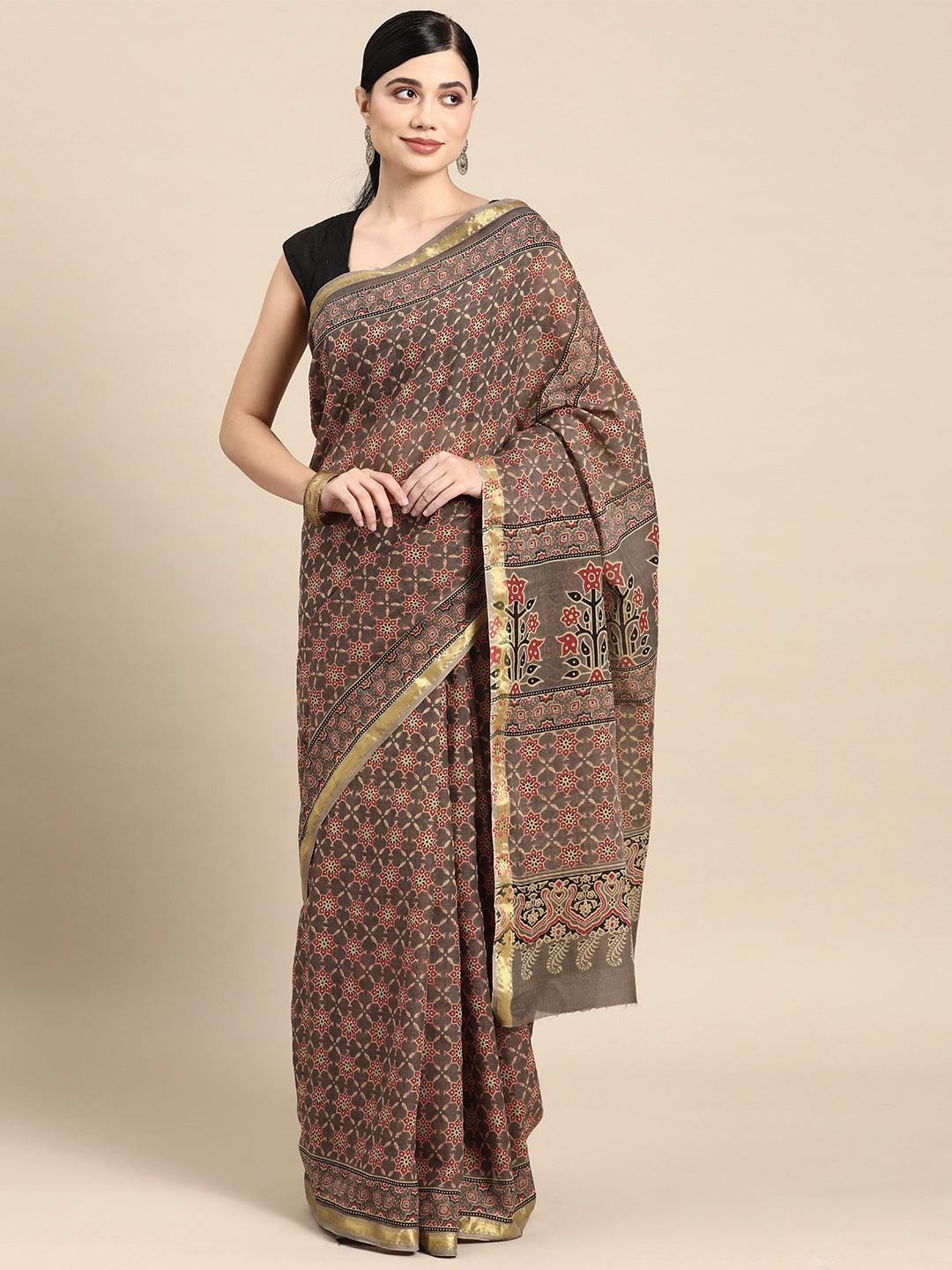 Taupe Printed Cotton Saree - Libas