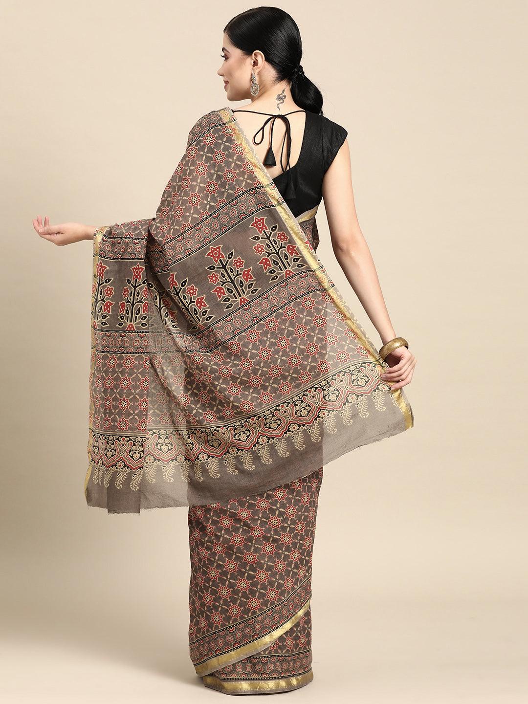 Taupe Printed Cotton Saree - Libas