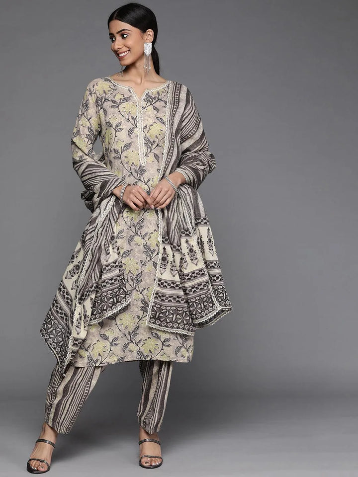 Taupe Printed Cotton Suit Set - Libas