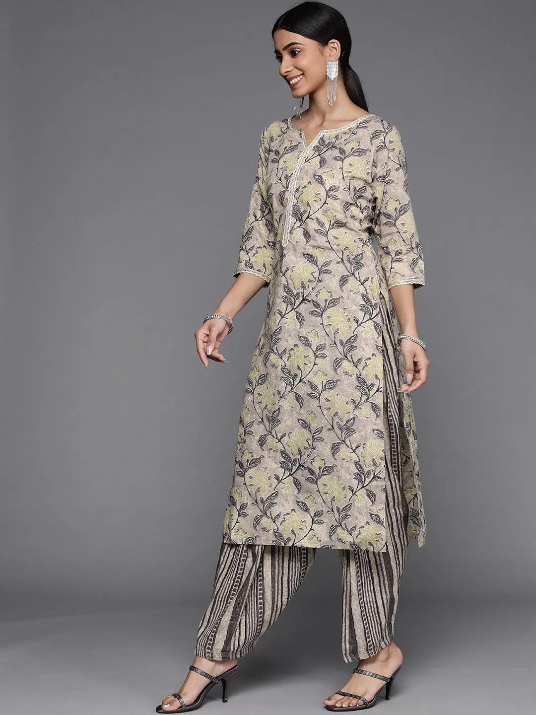 Taupe Printed Cotton Suit Set - Libas