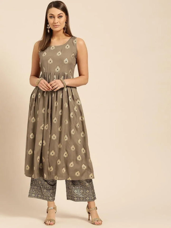 Taupe Printed Rayon Kurta Set - Libas