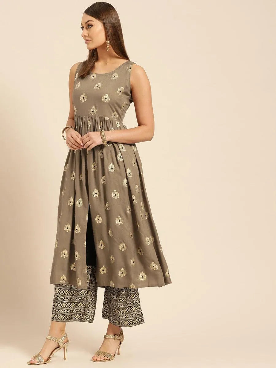 Taupe Printed Rayon Kurta Set - Libas