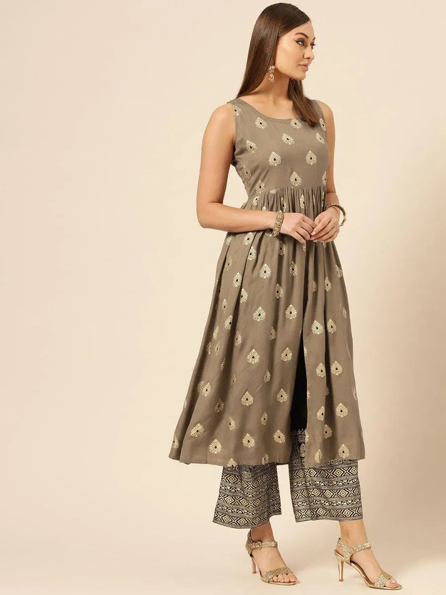 Taupe Printed Rayon Kurta Set - Libas