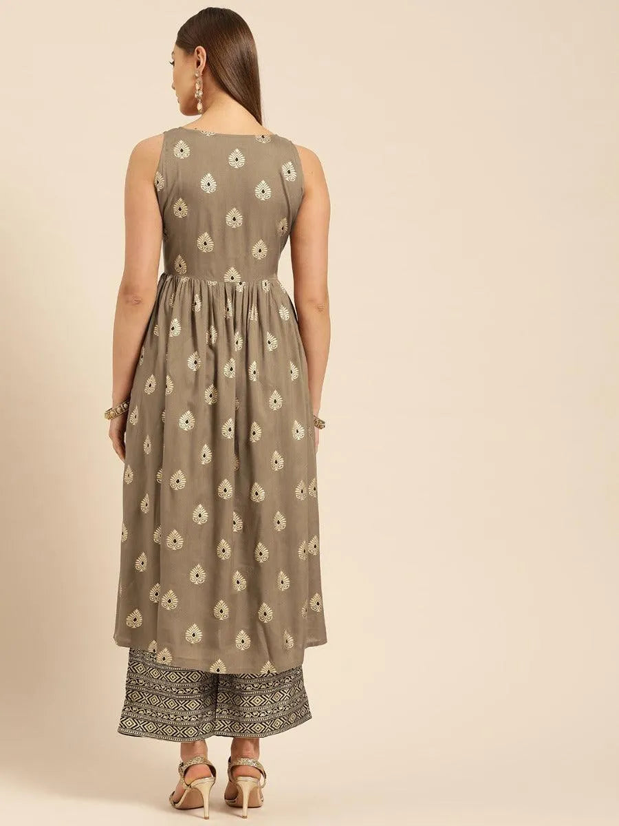 Taupe Printed Rayon Kurta Set - Libas