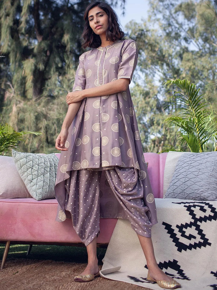 Taupe Printed Silk A-Line Kurta Set - Libas