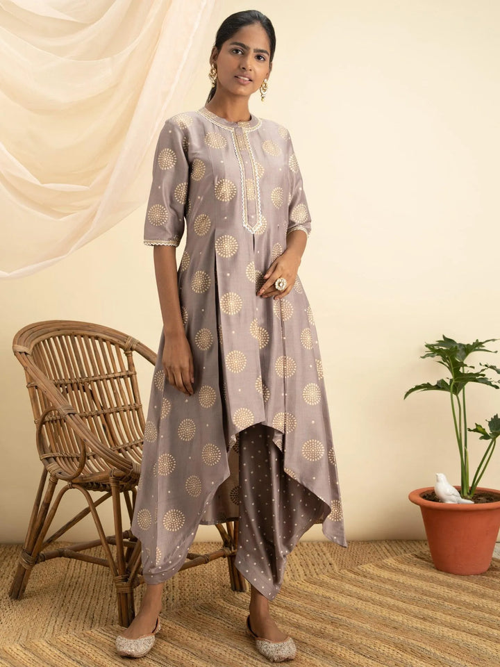 Taupe Printed Silk A-Line Kurta Set - Libas