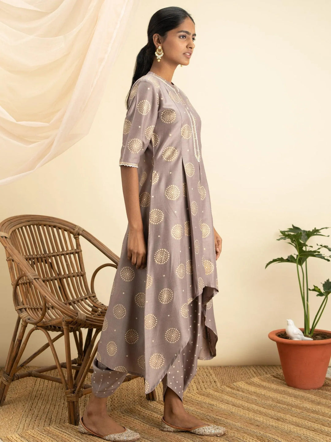 Taupe Printed Silk A-Line Kurta Set - Libas