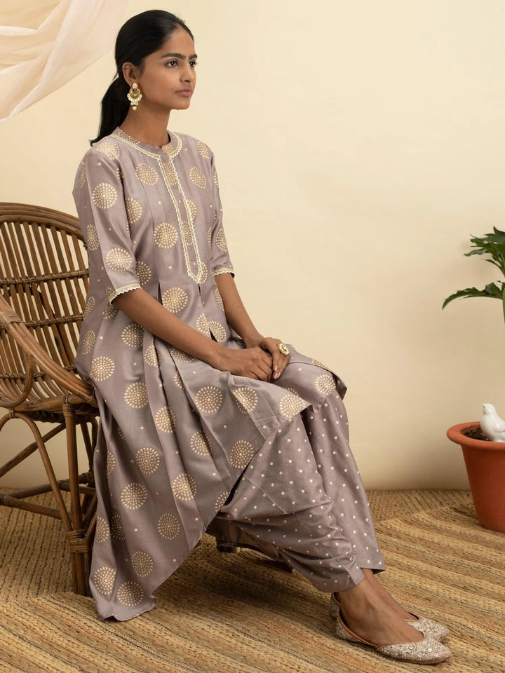 Taupe Printed Silk A-Line Kurta Set - Libas