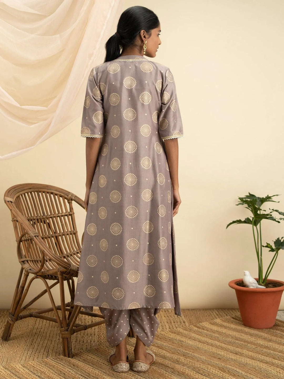 Taupe Printed Silk A-Line Kurta Set - Libas