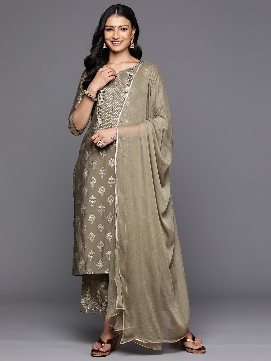 Taupe Printed Silk Blend Straight Kurta With Trousers & Dupatta - Libas