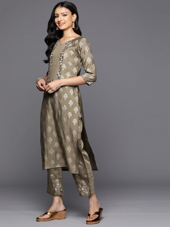 Taupe Printed Silk Blend Straight Kurta With Trousers & Dupatta - Libas