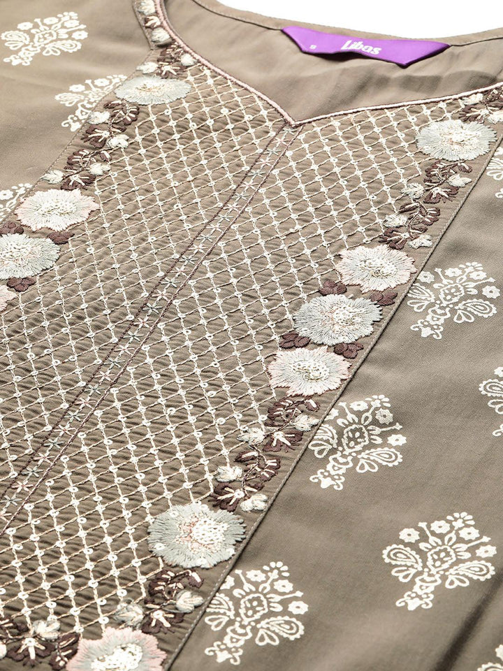 Taupe Printed Silk Blend Straight Kurta With Trousers & Dupatta - Libas