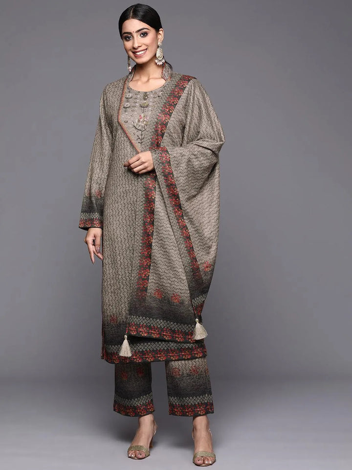 Taupe Printed Wool Straight Suit Set - Libas