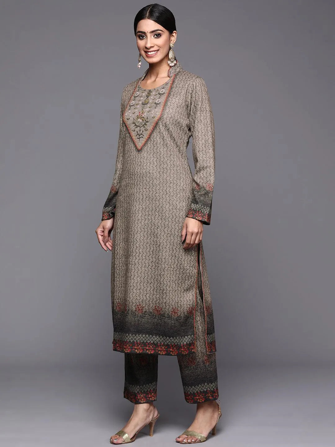 Taupe Printed Wool Straight Suit Set - Libas