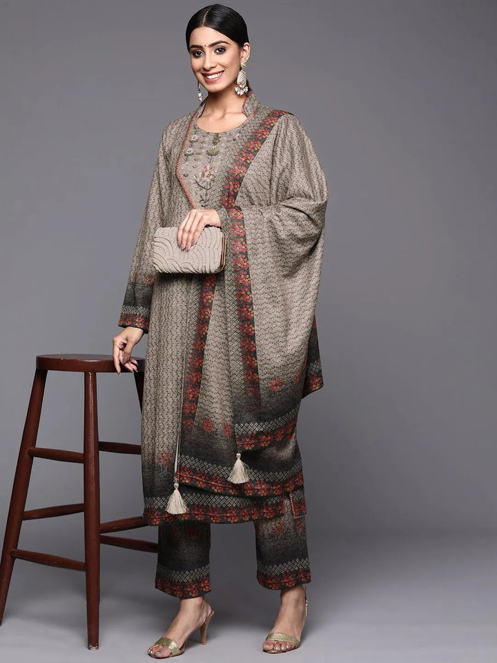 Taupe Printed Wool Straight Suit Set - Libas