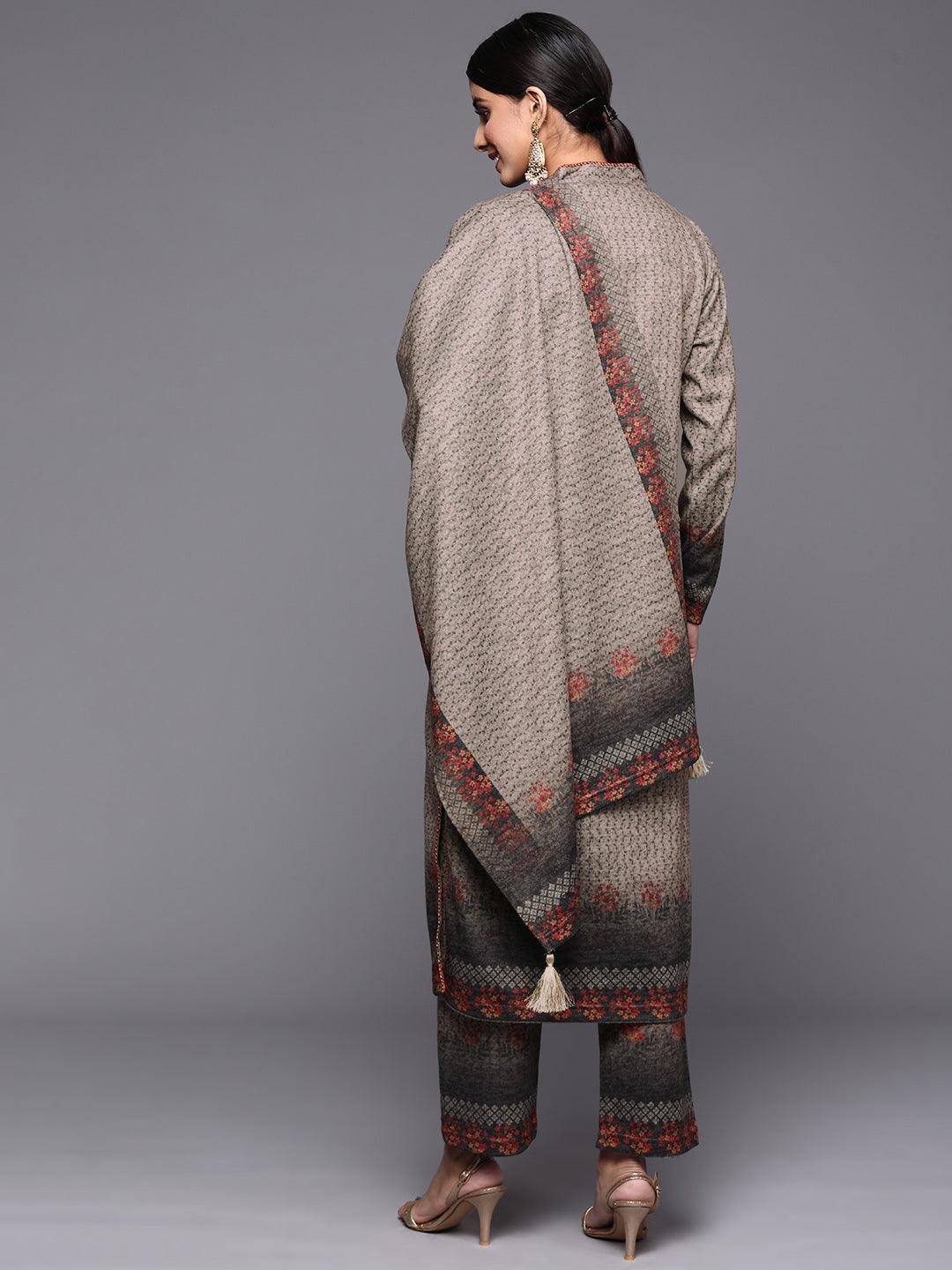 Taupe Printed Wool Straight Kurta With Trousers & Dupatta