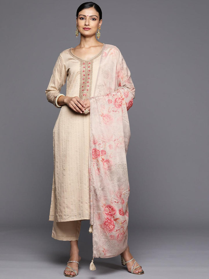 Taupe Self Design Rayon Straight Kurta With Trousers & Dupatta - Libas