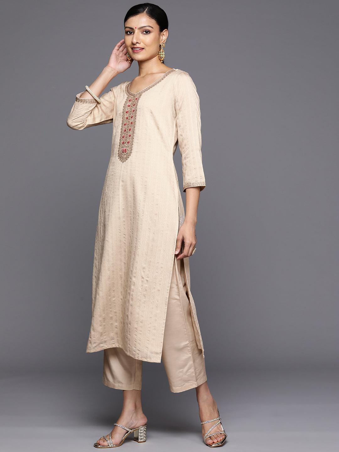 Taupe Self Design Rayon Straight Kurta With Trousers & Dupatta - Libas