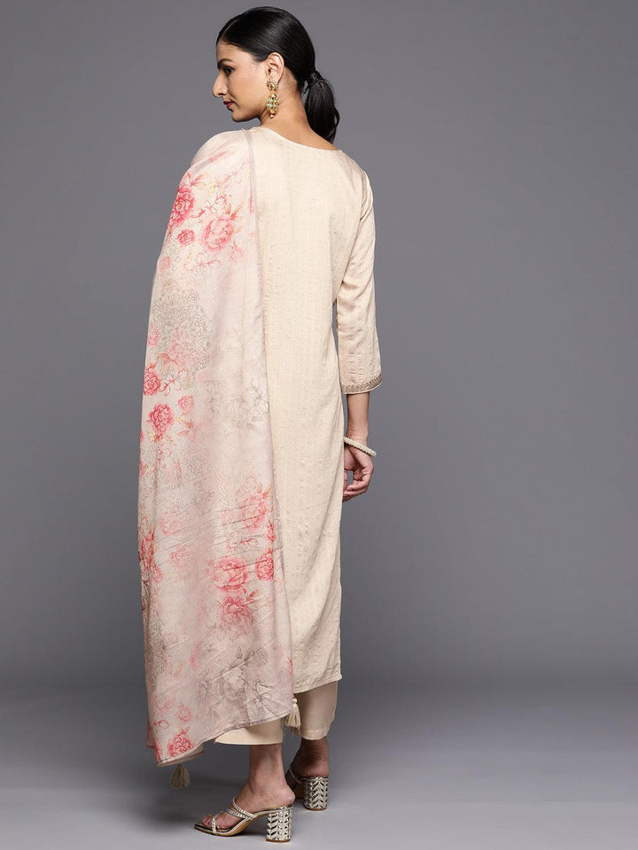 Taupe Self Design Rayon Straight Kurta With Trousers & Dupatta - Libas