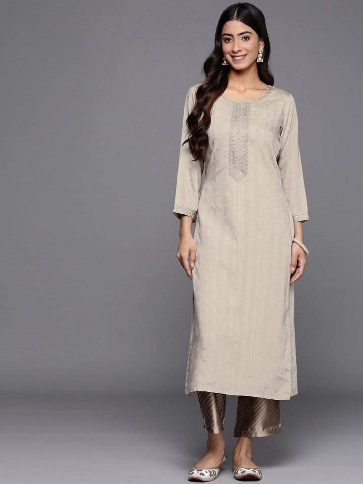 Taupe Woven Design Rayon Straight Kurta - Libas