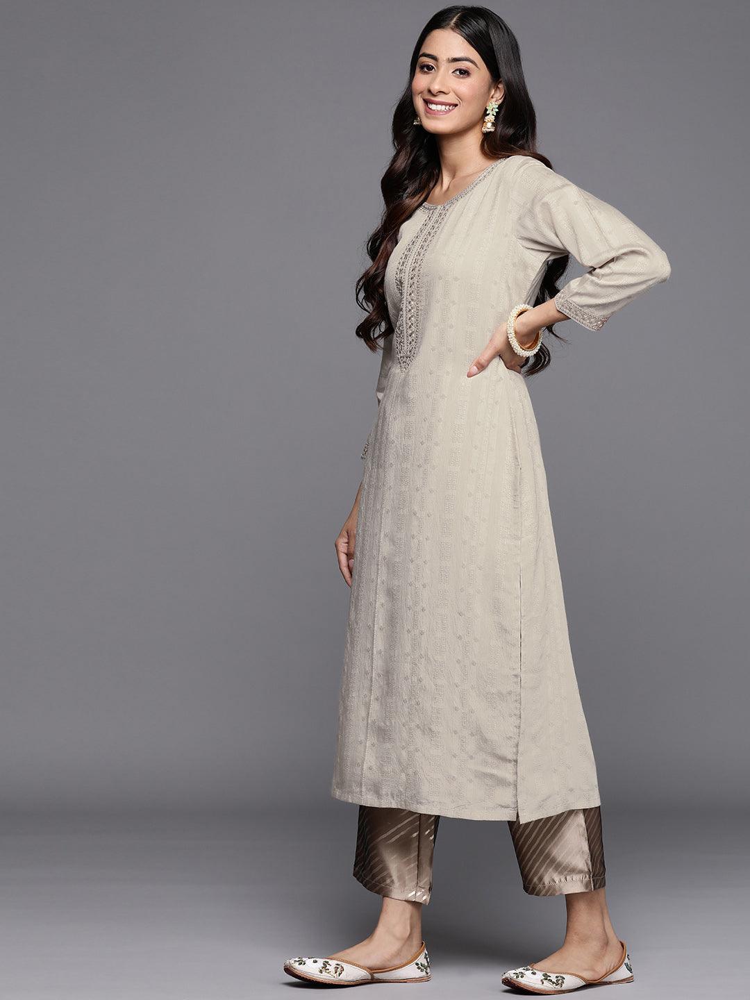 Taupe Woven Design Rayon Straight Kurta - Libas 