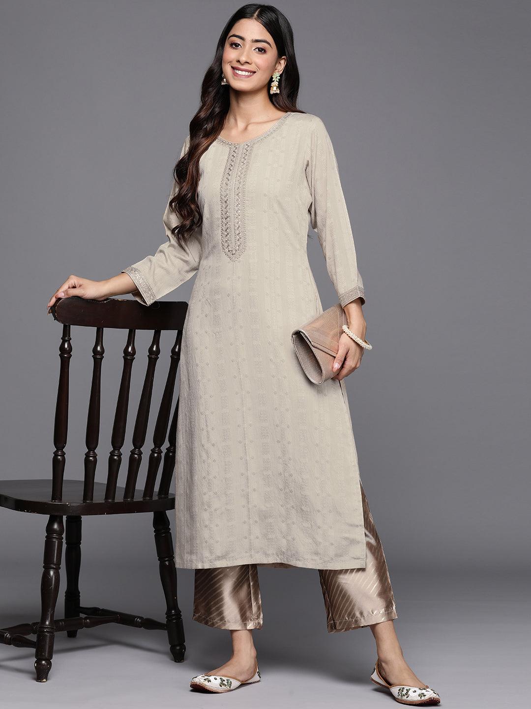 Taupe Woven Design Rayon Straight Kurta - Libas 