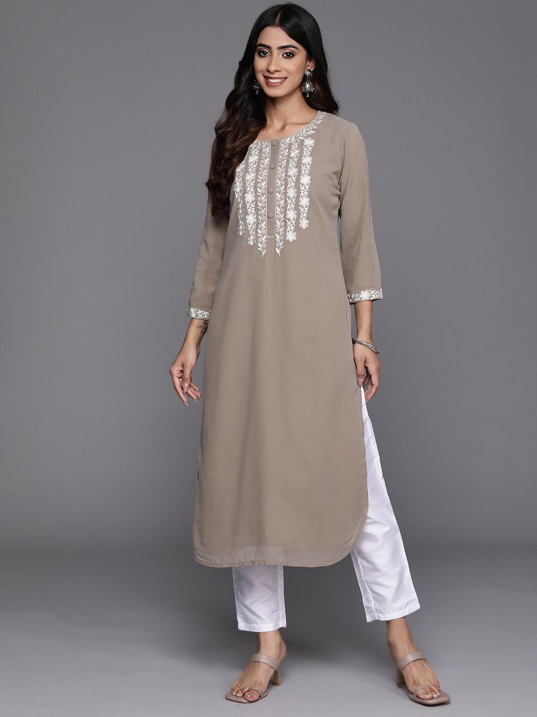 Taupe Yoke Design Georgette Pathani Kurta - Libas